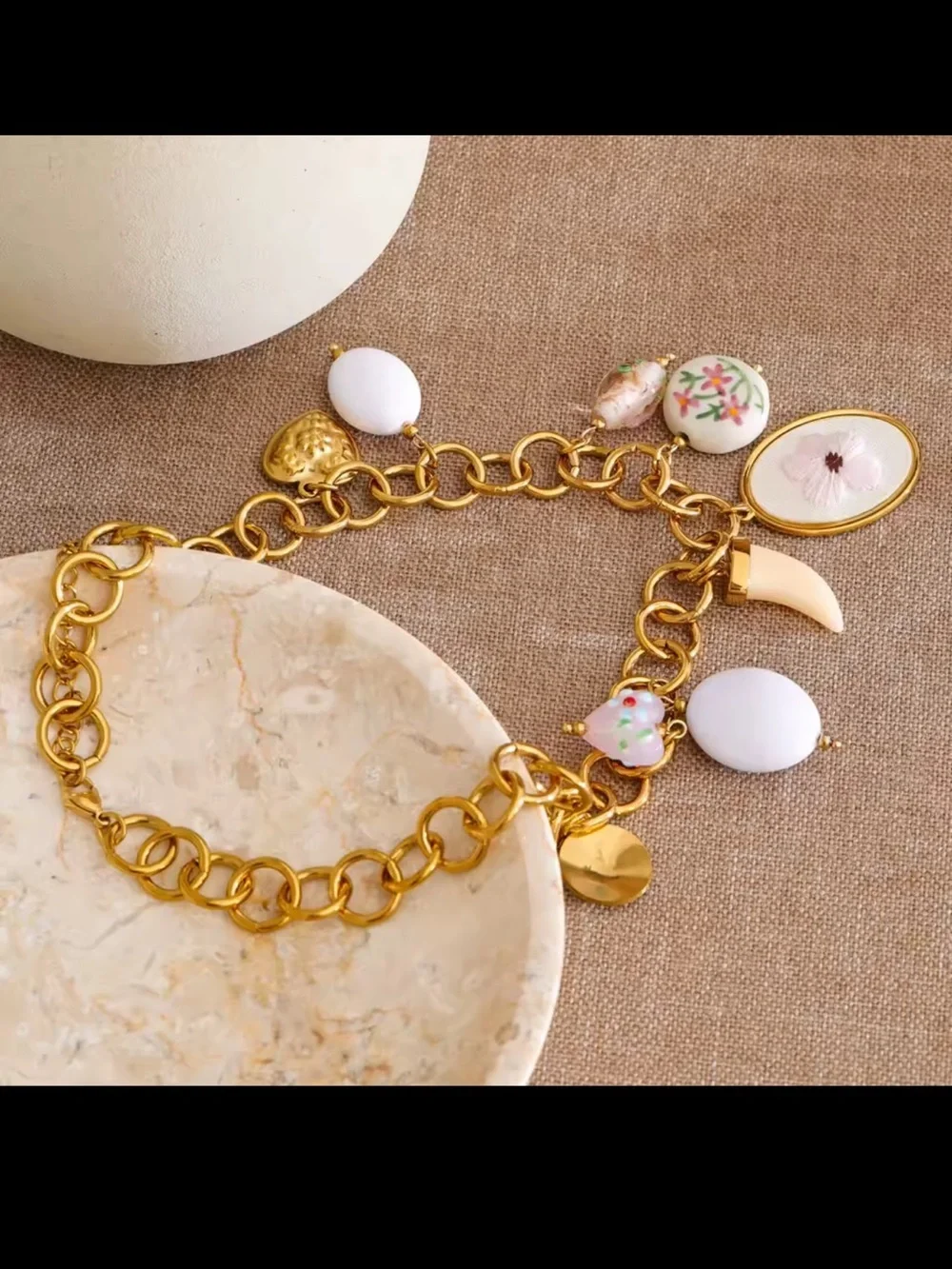 Vintage Floral Porcelain Charm Necklace